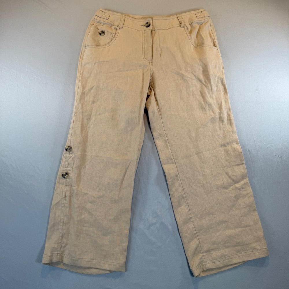 100% Linen Wide Leg Crop Pants Womens Tan 6 Minimalist Beachy Resort‎ Coastal